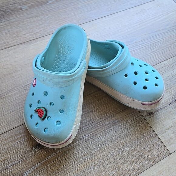 Crocs Light Blue Clogs Pink Accents 1 Watermelon crock charm included Kids Child - Picture 1 of 16